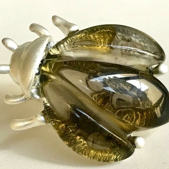 Vintage Beetle Pin Brooch Silver Tone Ladybug Bug Insect Simulated Amber - Picture 4 of 7